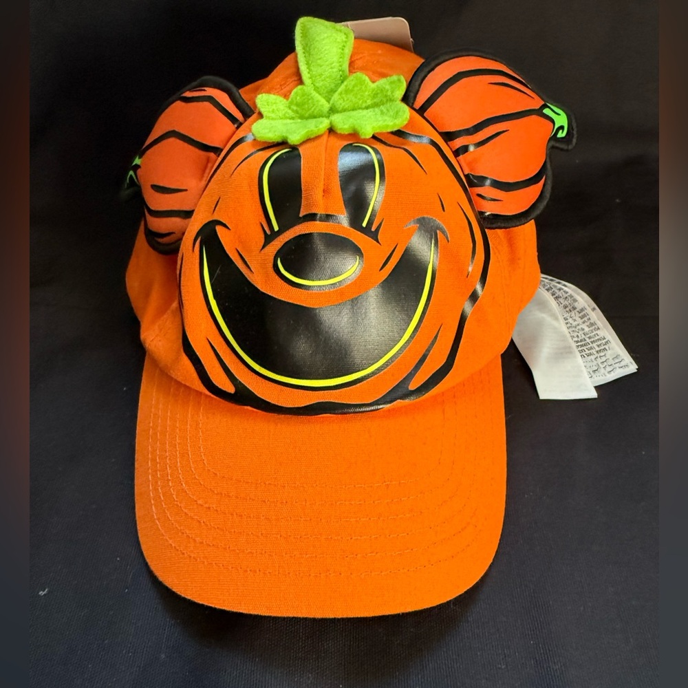 Disney Orange & Black Pumpkin Mickey Hat with Green Leaf Accent